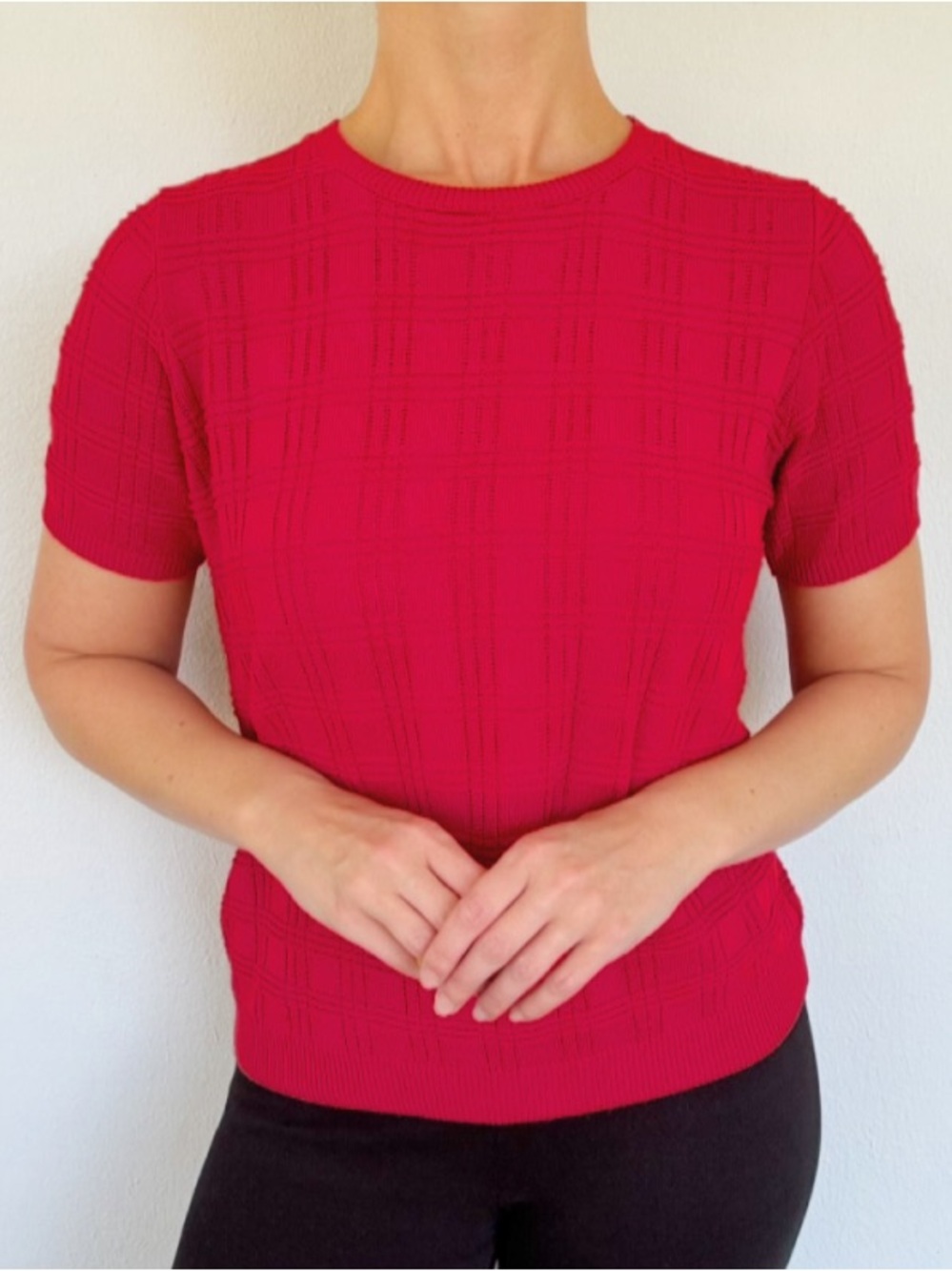 Alfred Dunner Petite red textured check print short sleeve sweater top small